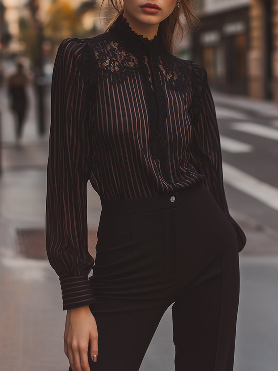 Elegant Striped Lace Blouse - Noir Chic