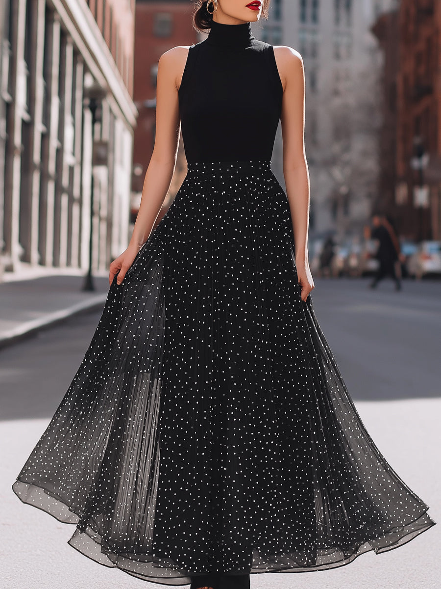 Sleeveless High-Neck Polka Dot Chiffon Maxi Dress