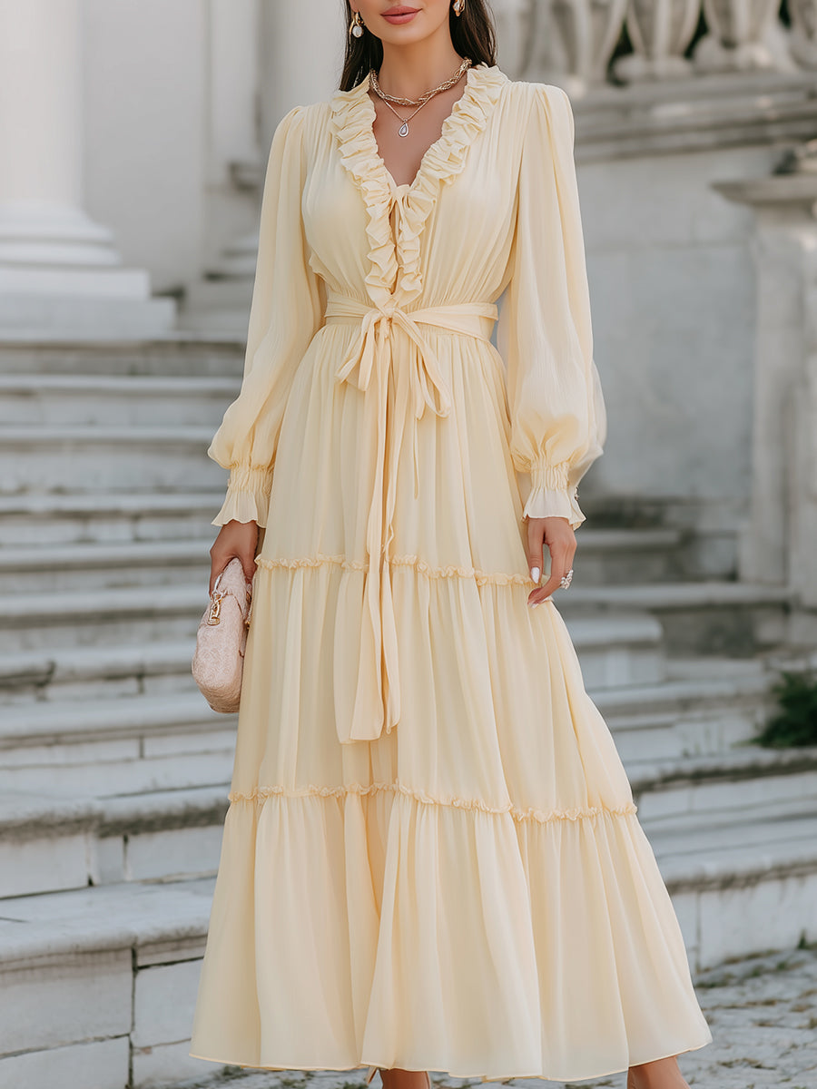 Ruffle-Trim Tiered Chiffon Midi Dress