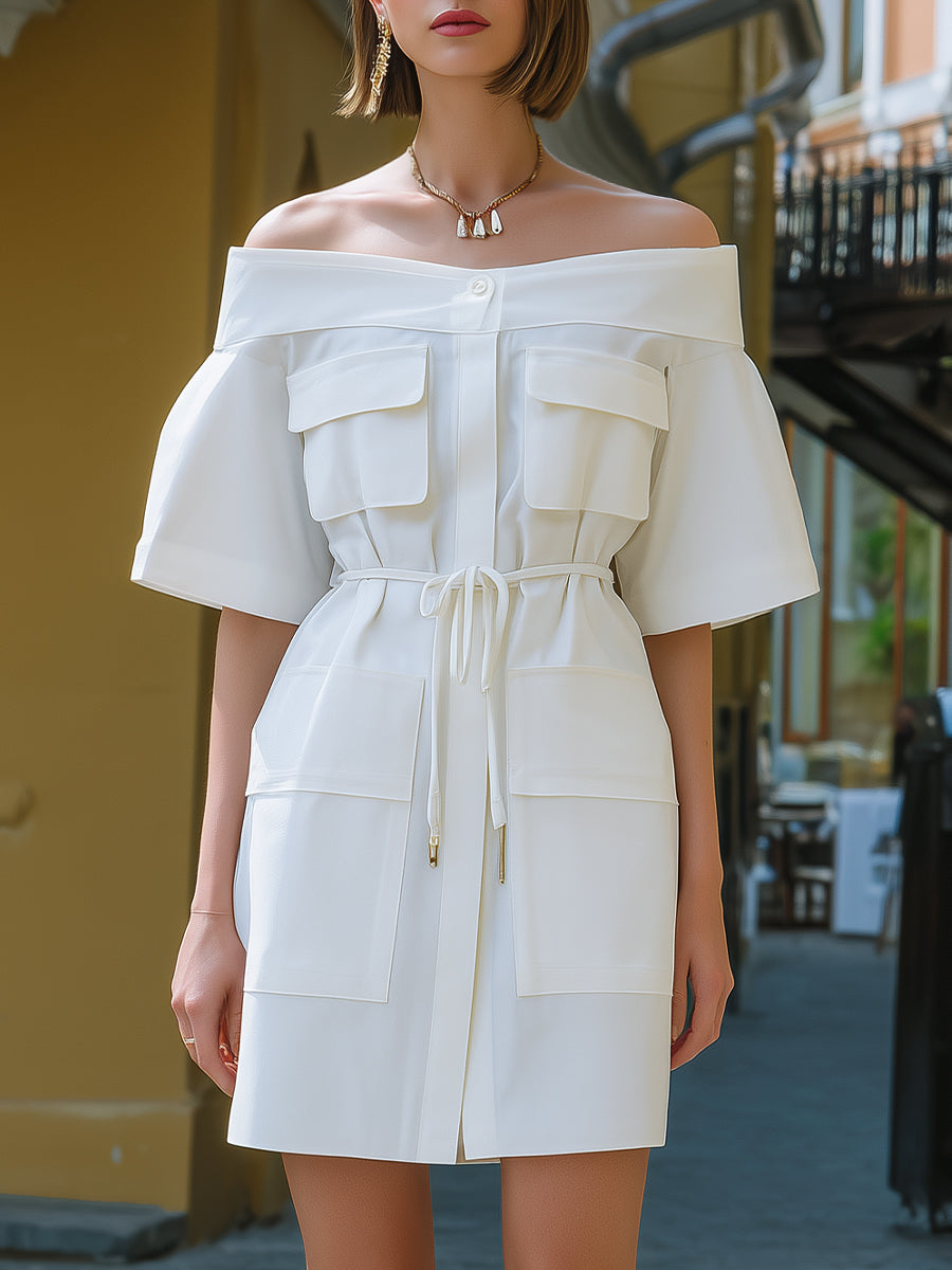 Off-Shoulder Utility Pocket Mini Dress