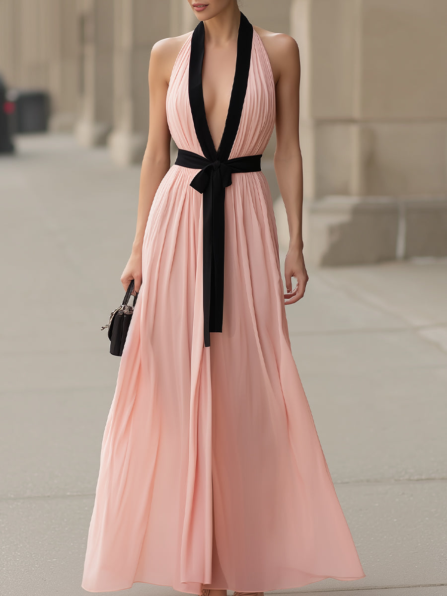 Blush Pink Halter Neck Contrast Trim Pleated Maxi Dress With Waist Sash