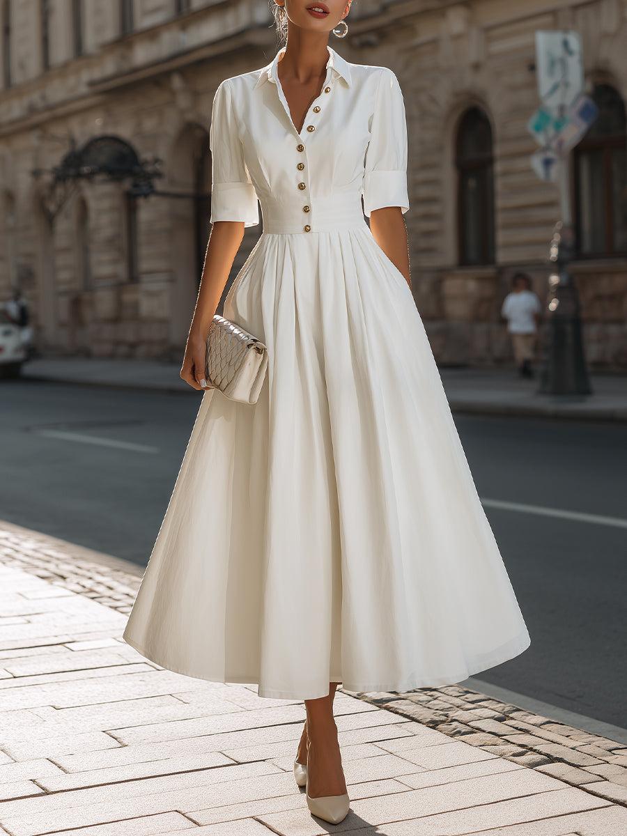 Button-Front Collared A-Line Midi Dress