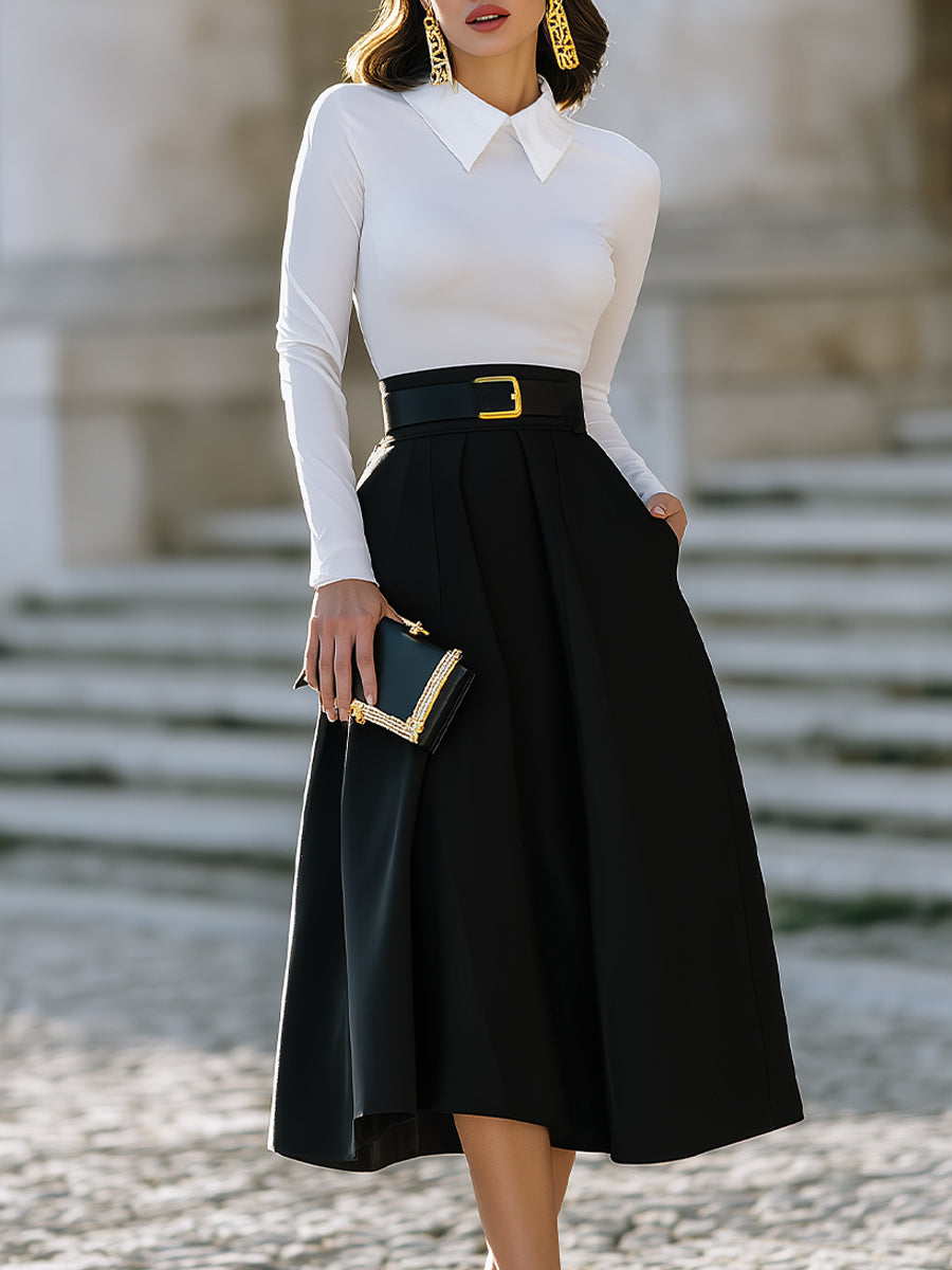 Pleated A-Line Midi Skirt With Statement Buckle Belt