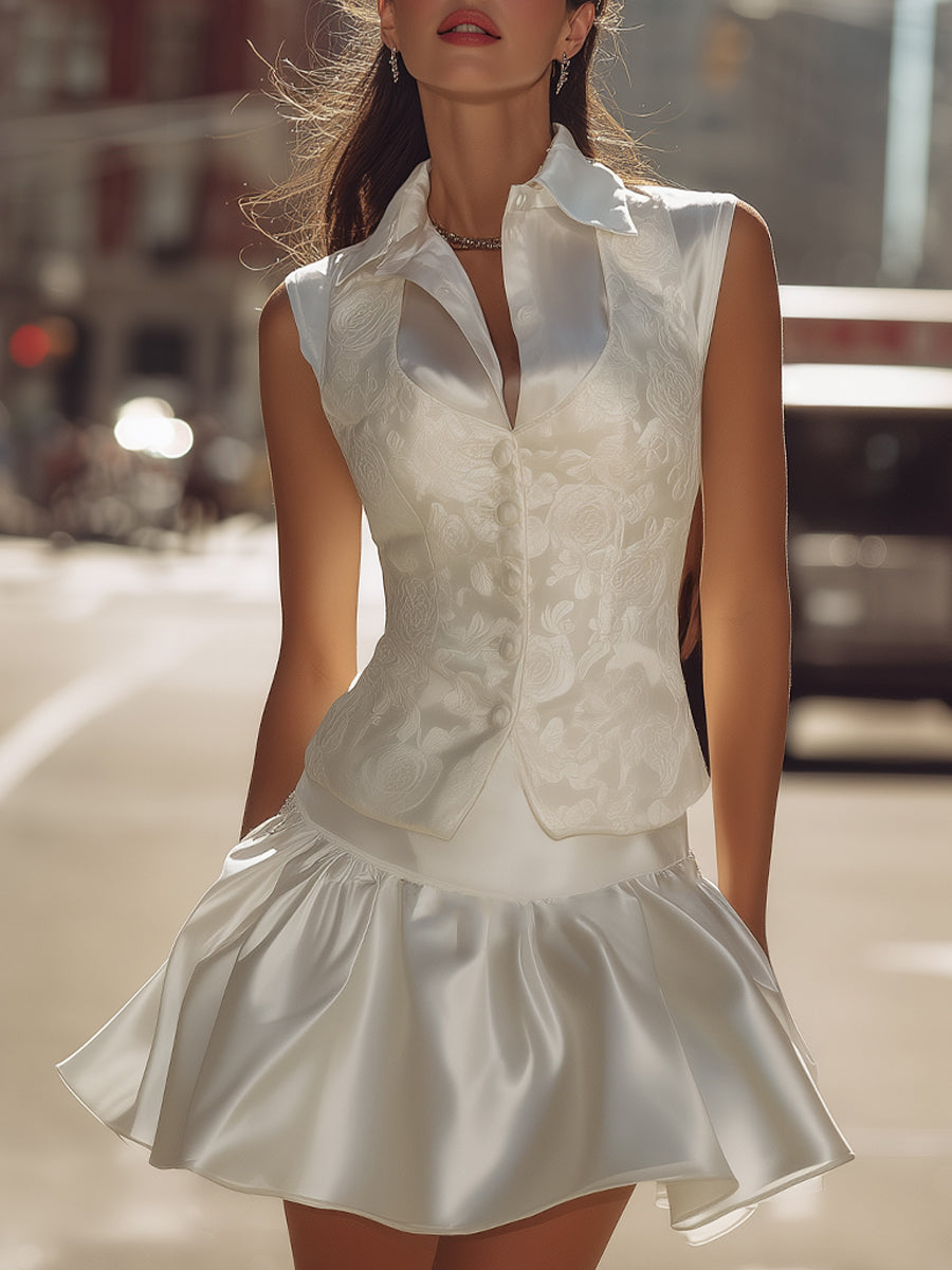 Elegant Floral Jacquard Vest & Sleeveless Flared Dress Set