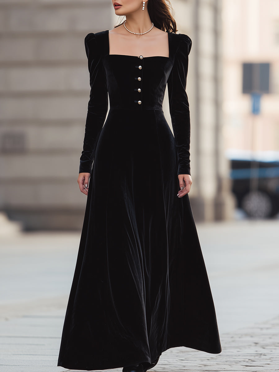Velvet Square-Neck Long-Sleeve Evening Gown