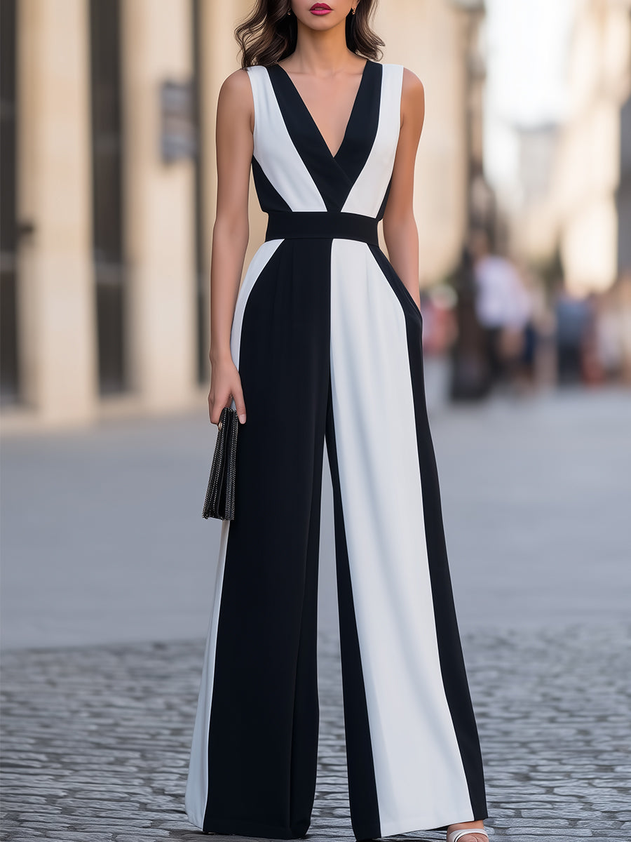 Black & White Color Block V-Neck Wide-Leg Jumpsuit