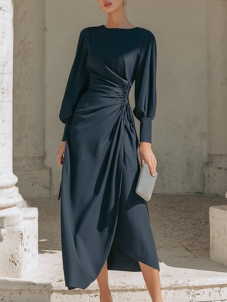 Draped Side-Tie Midi Dress With Elegant Long Sleeves