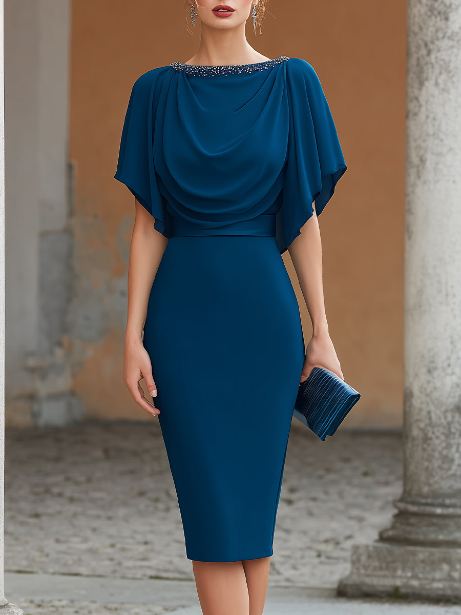 Embellished Neck Draped Capelet Midi Dress