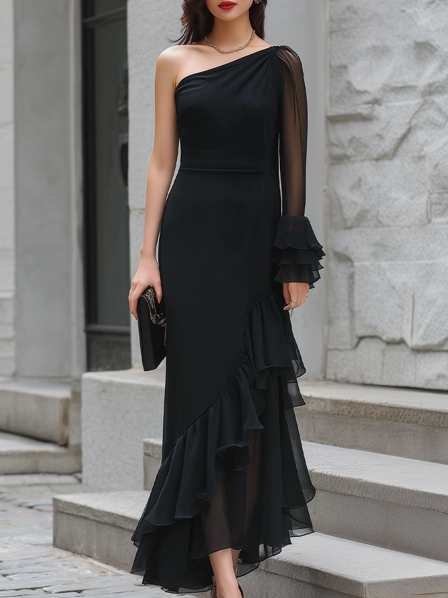 Mooyius One-Shoulder Sheer Ruffled Midi Dress
