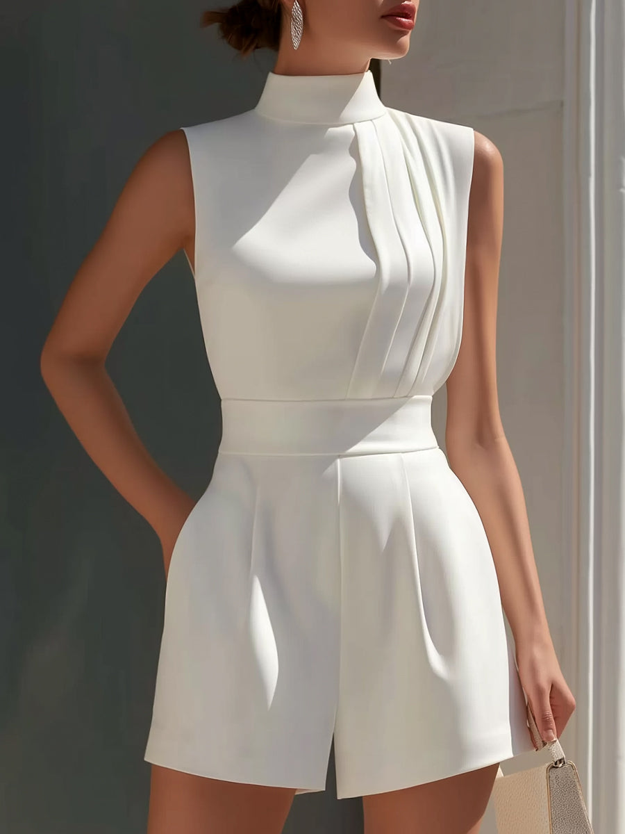 Sleeveless High-Neck Pleated Tailored Romper