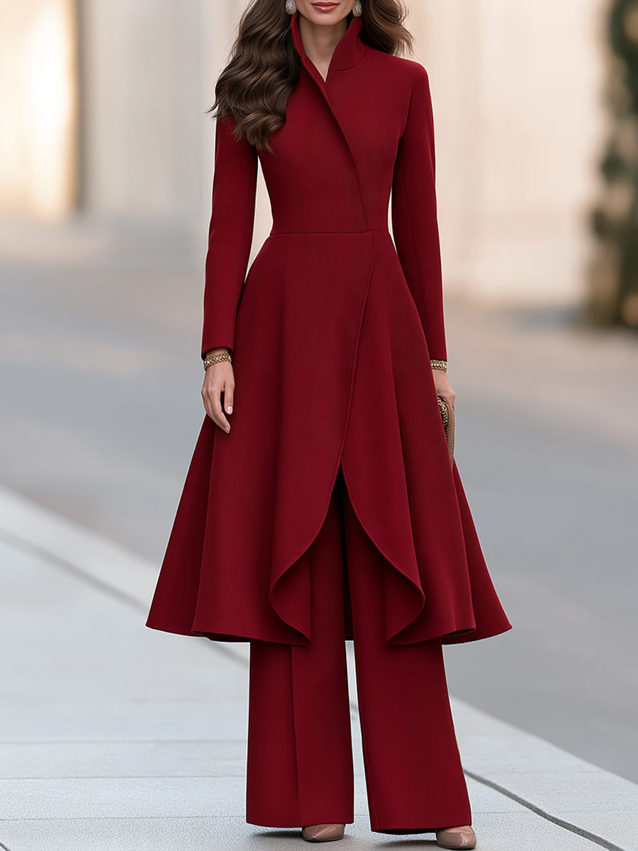 Women's Burgundy Two-Piece Set Stand Collar Asymmetric Wrap Long Sleeve Flared Tunic Top and Wide Leg Pants