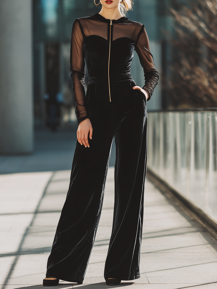 Black Velvet Mesh Long Sleeve Zip-Front Wide Leg Jumpsuit