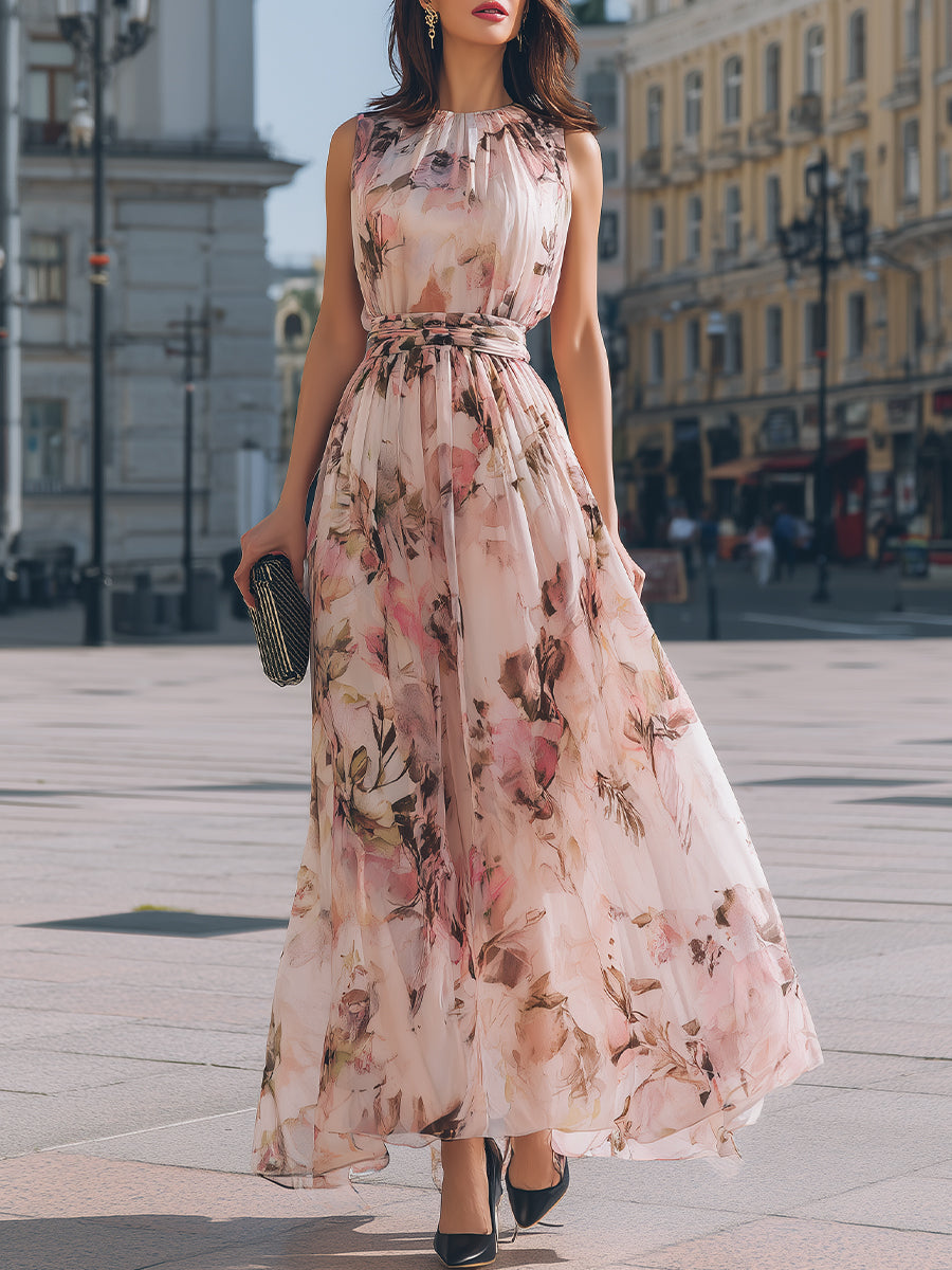 Ruffled High-Neck Floral Maxi Dress