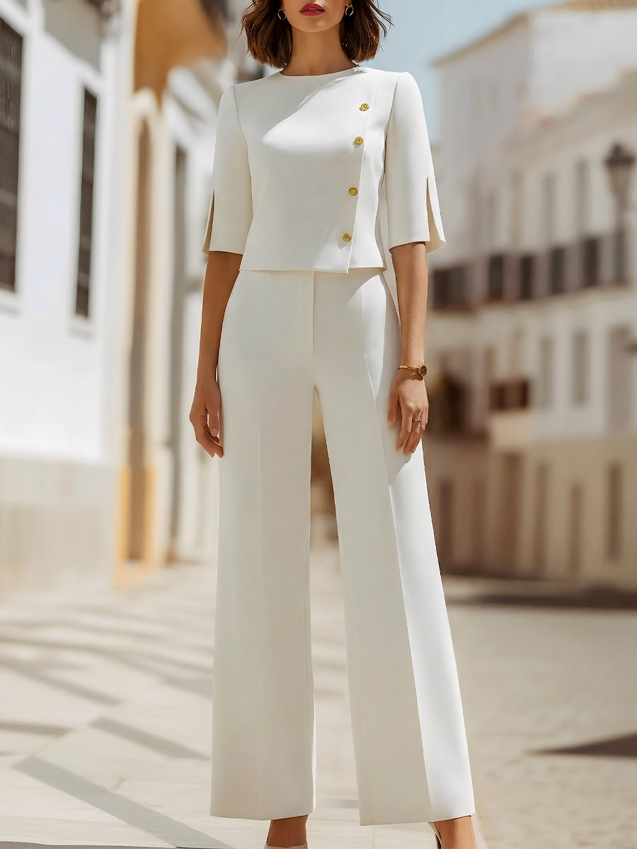 Button Detail Structured Top And Wide-Leg Pants Set