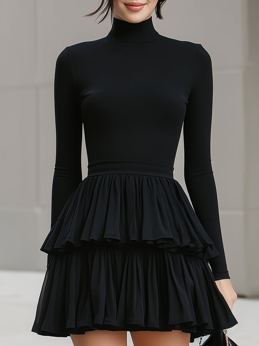 Black Turtleneck Tiered Ruffle Mini Dress