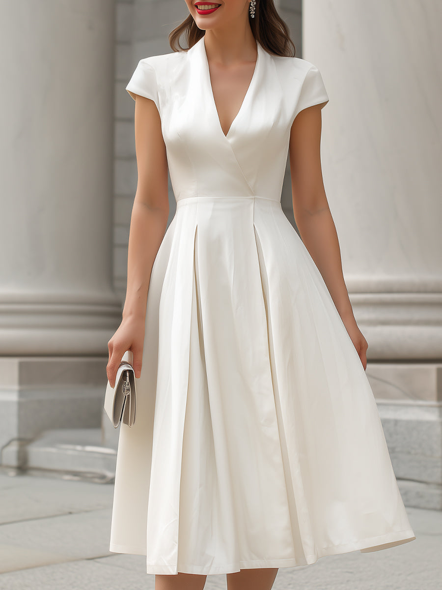 Ivory Satin V-Neck Pleated Midi Dress