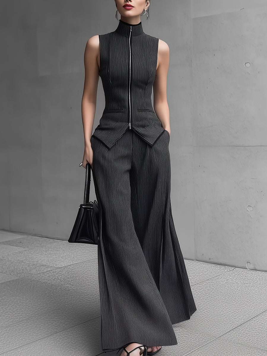 Pinstripe Sleeveless High-Collar Top And Wide-Leg Trouser Suit Set