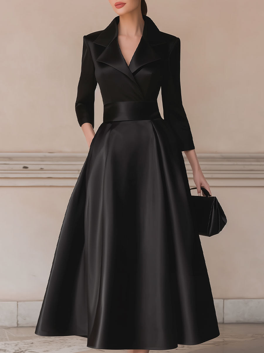 Elegant Black Satin Trench-Collar A-Line Midi Dress