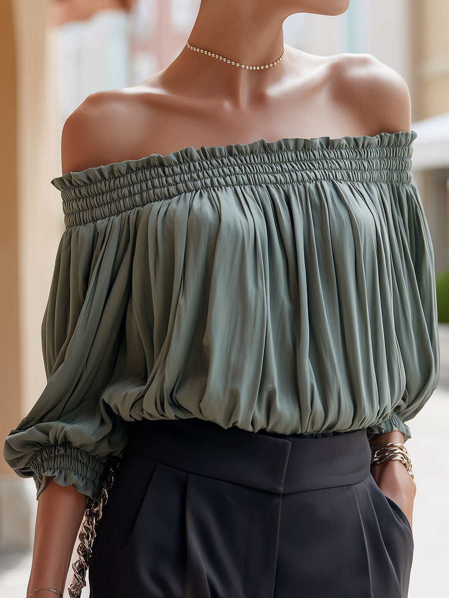 Off-Shoulder Smocked Chiffon Blouse