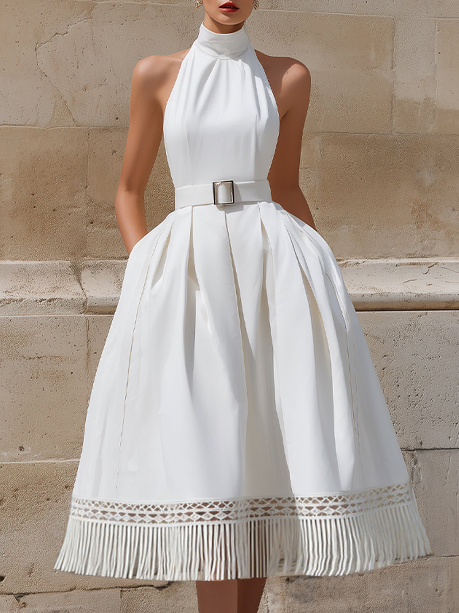 Ethereal High-Neck Halter Midi Dress With Lattice Fringe Hem