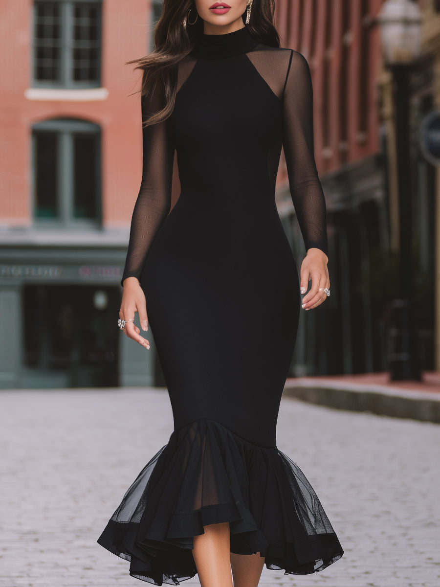 Sheer-Sleeve Mermaid Midi Dress With Ruffled Hem