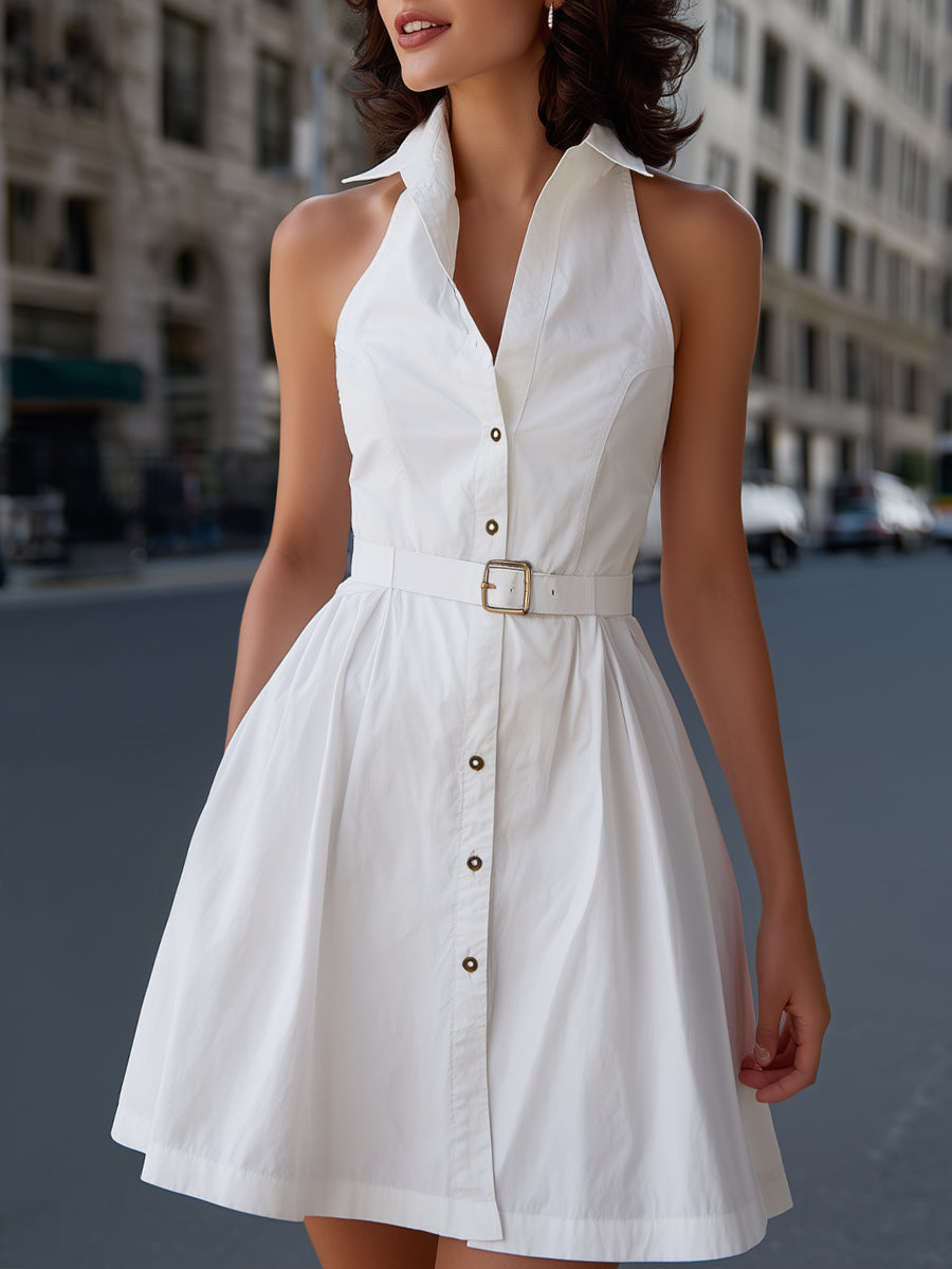 Belted Button-Front Sleeveless Shirt Dress