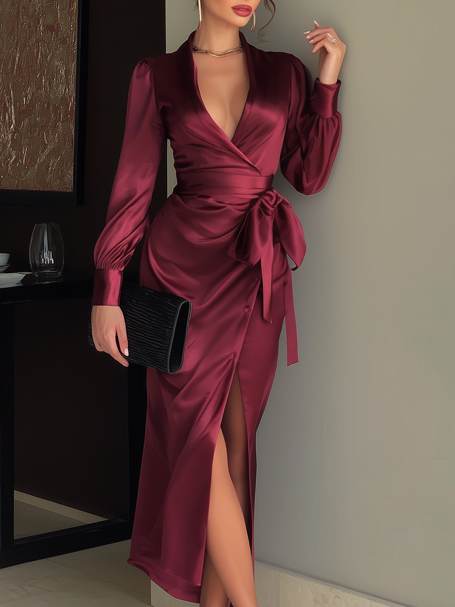 Burgundy Satin Wrap Gown With Waist Tie