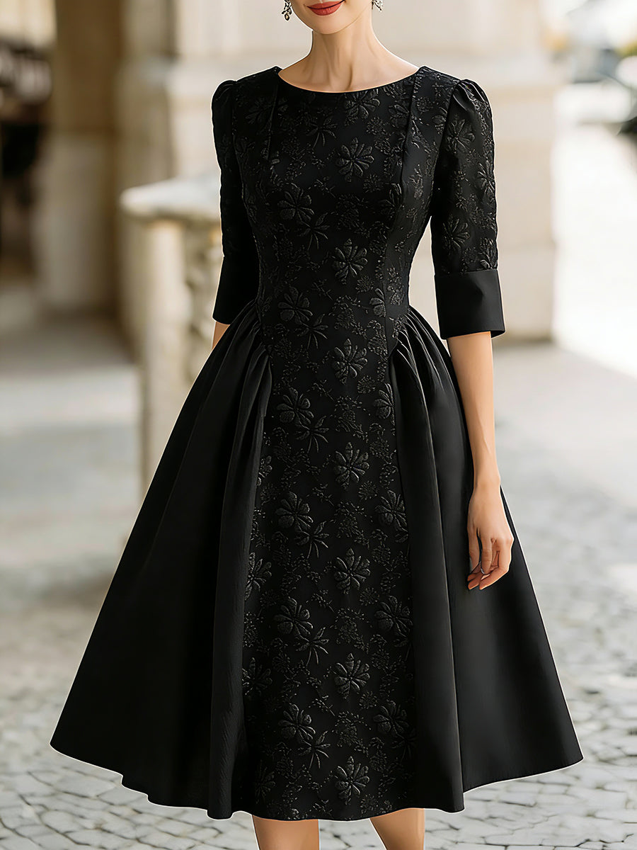 Elegant Jacquard Short-Sleeve A-Line Midi Dress
