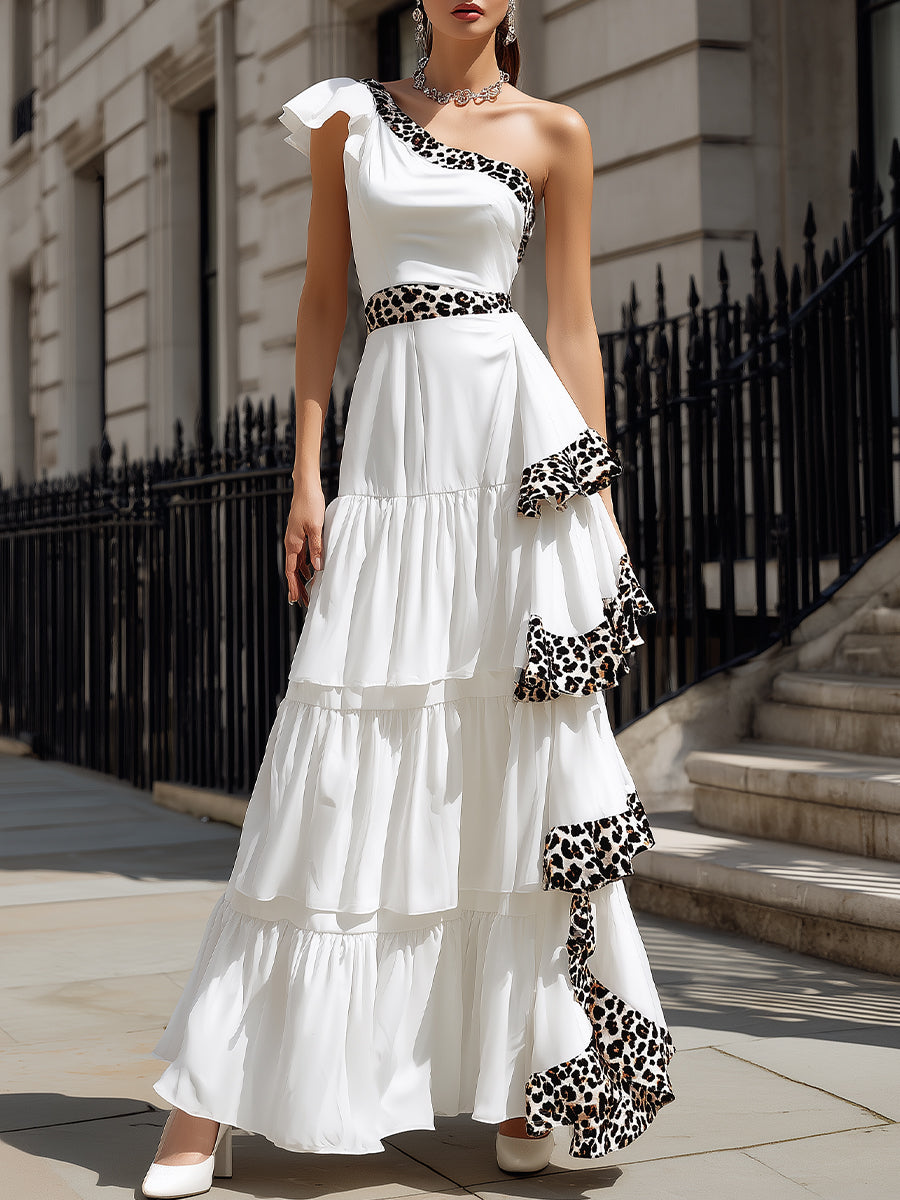 Elegant One-Shoulder Leopard Trim Tiered Maxi Dress