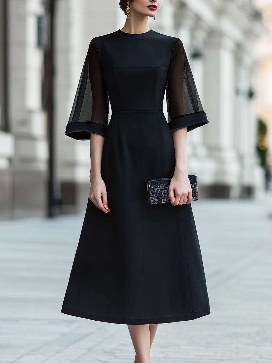 Sheer Sleeve Midi Dress With Structured Waist