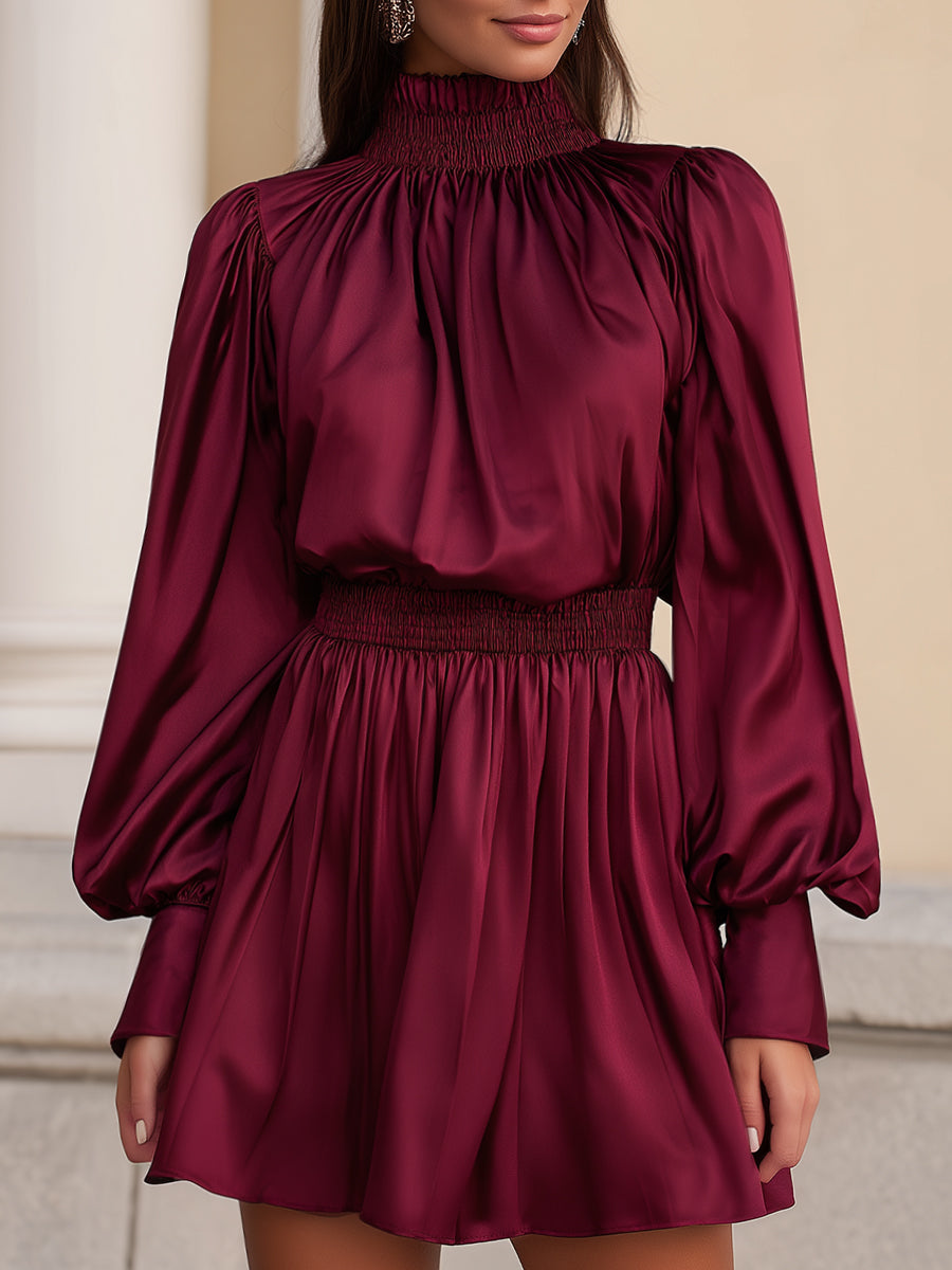 High-Neck Shirred Satin Mini Dress With Lantern Sleeves