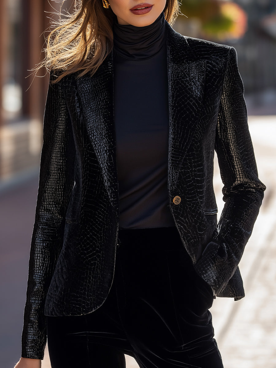 Croc-Embossed Faux Leather Tailored Blazer