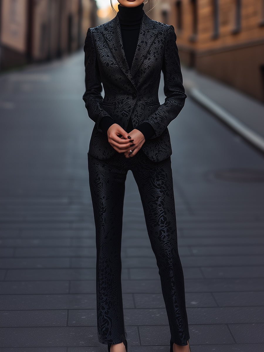 Chic Black Jacquard Suit with Intricate Patterned Texture