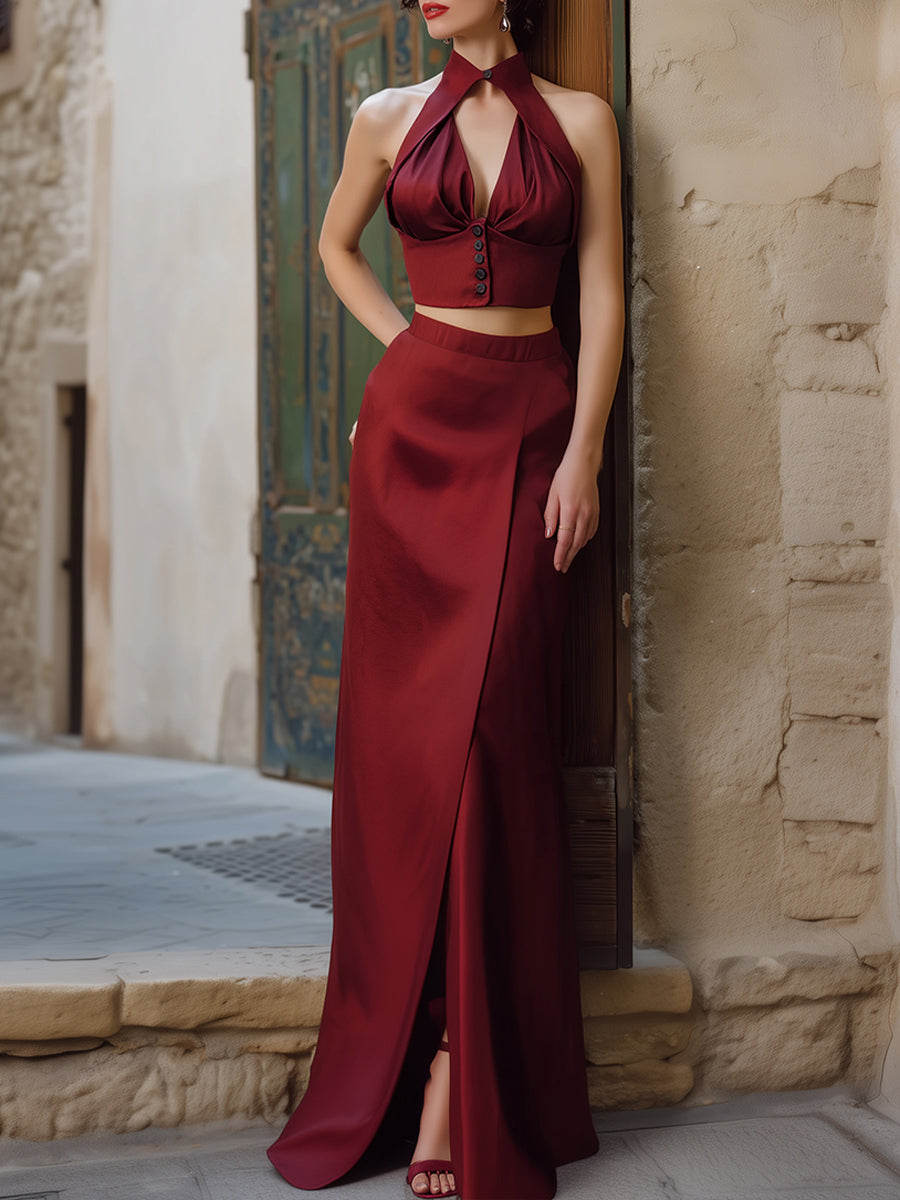 Sophisticated Satin Two-Piece Halter Set - Cropped Vest And Maxi Skirt