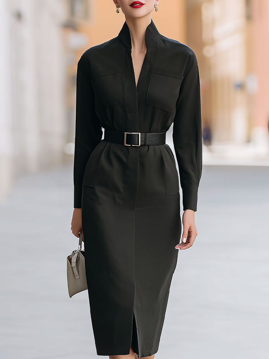 Stand-Collar Utility Belted Midi Dress