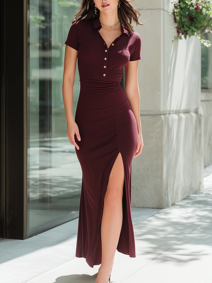 Sophisticated Collared Button-Front Bodycon Maxi Dress With Side Slit