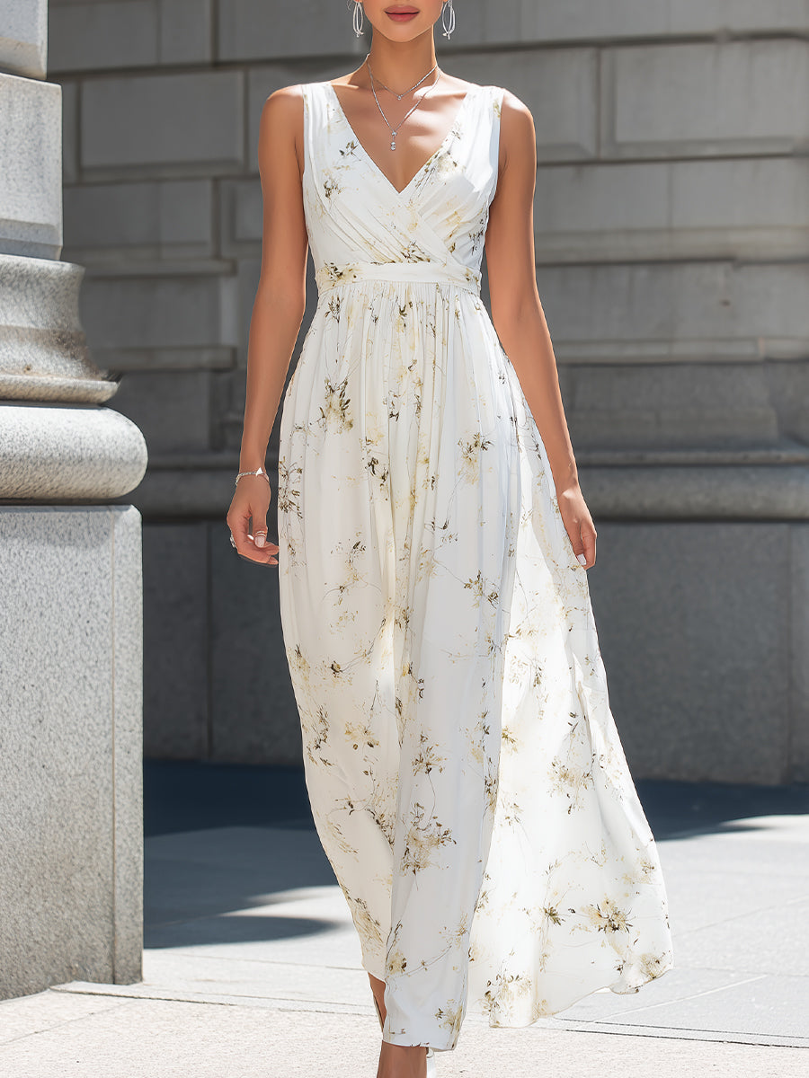 V-Neck Sleeveless Pleated Maxi Dress