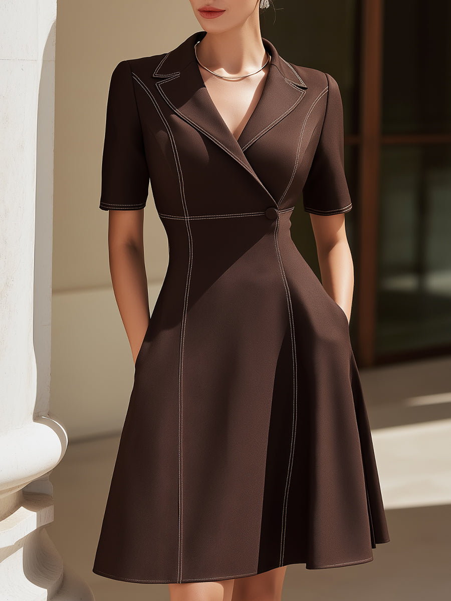 Tailored Lapel Stitch-Detail A-Line Dress