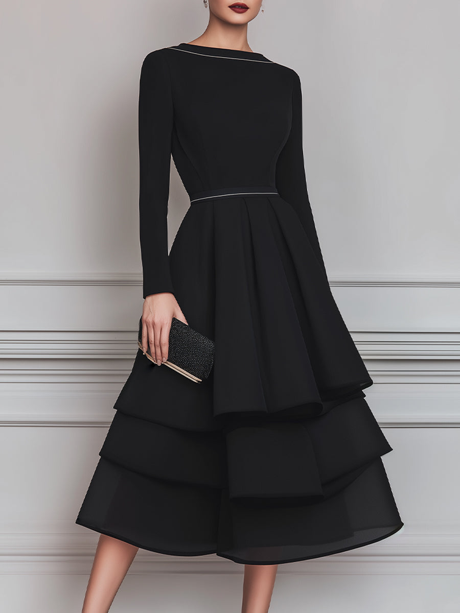 Piped Neck Tiered Midi Dress