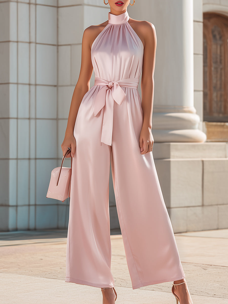 Halter Neck Satin Wide-Leg Jumpsuit With Waist Tie