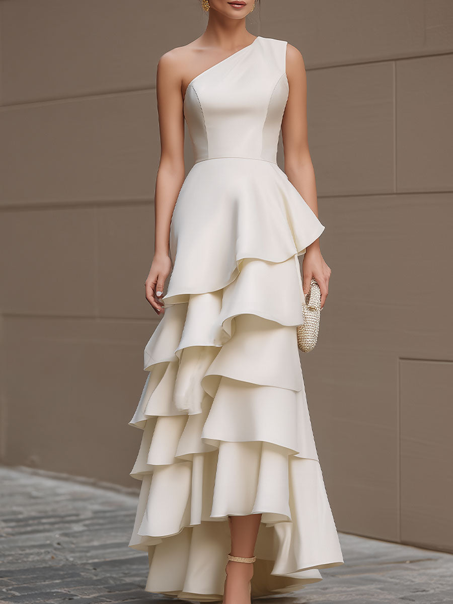 Ivory One-Shoulder Tiered Ruffle Gown