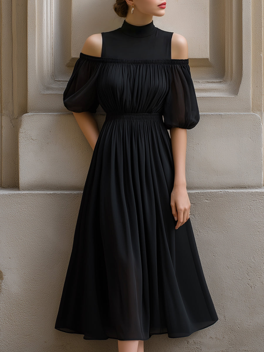 Cold-Shoulder Pleated Chiffon Midi Dress