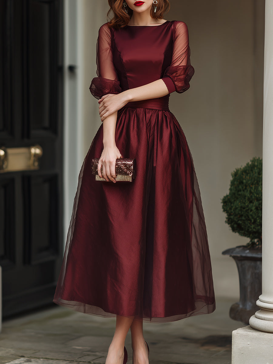 Elegant Sheer-Sleeve A-Line Midi Dress