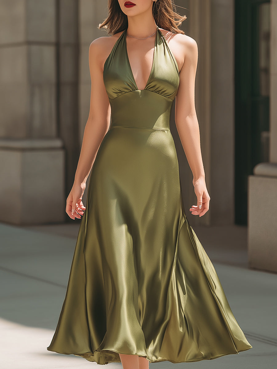 Satin Halter Neck A-Line Midi Dress