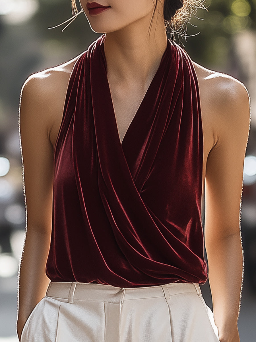 Elegant Velvet Halter Drape Top