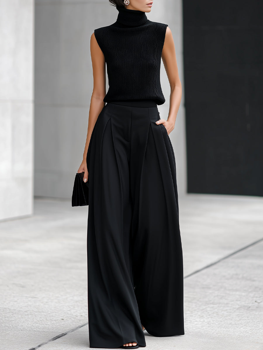 Black Turtleneck Sleeveless Knit Top & Pleated Wide-Leg Trouser Two-Piece Set