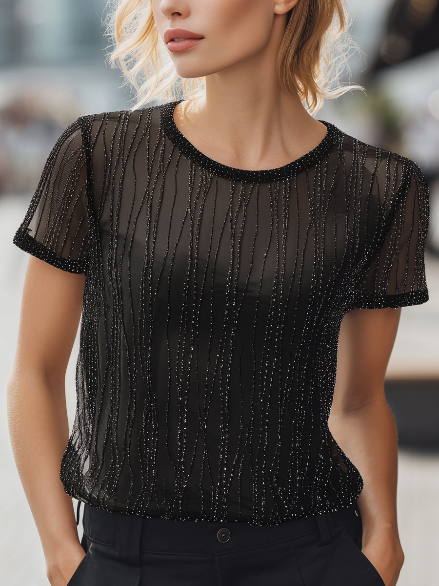 Black Sheer Mesh Short Sleeve Top With Vertical Rhinestone Detail