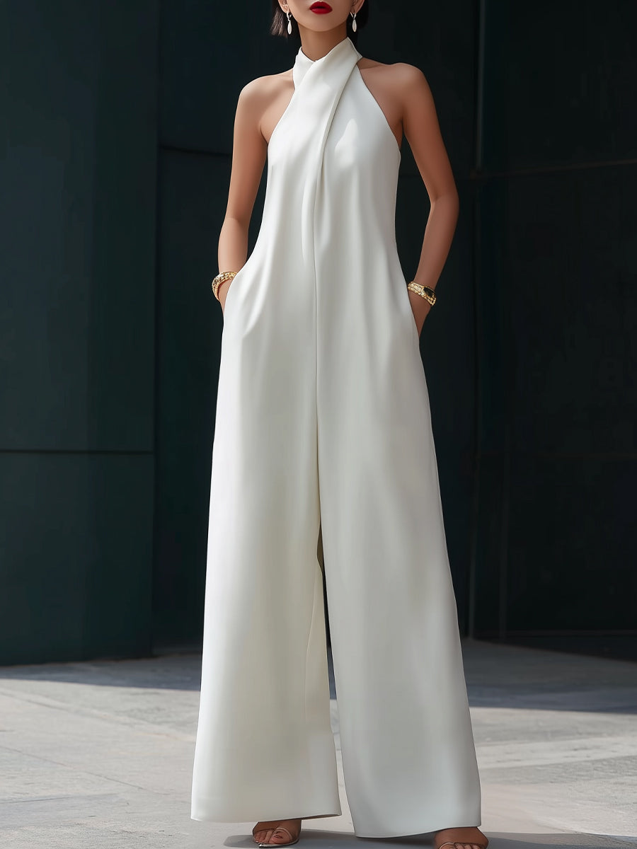 Halter-Neck Draped Wide-Leg Jumpsuit