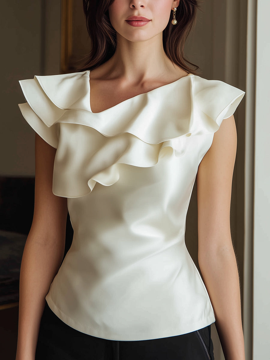 Ivory Ruffled Cap Sleeve Blouse With Sculpted Neckline