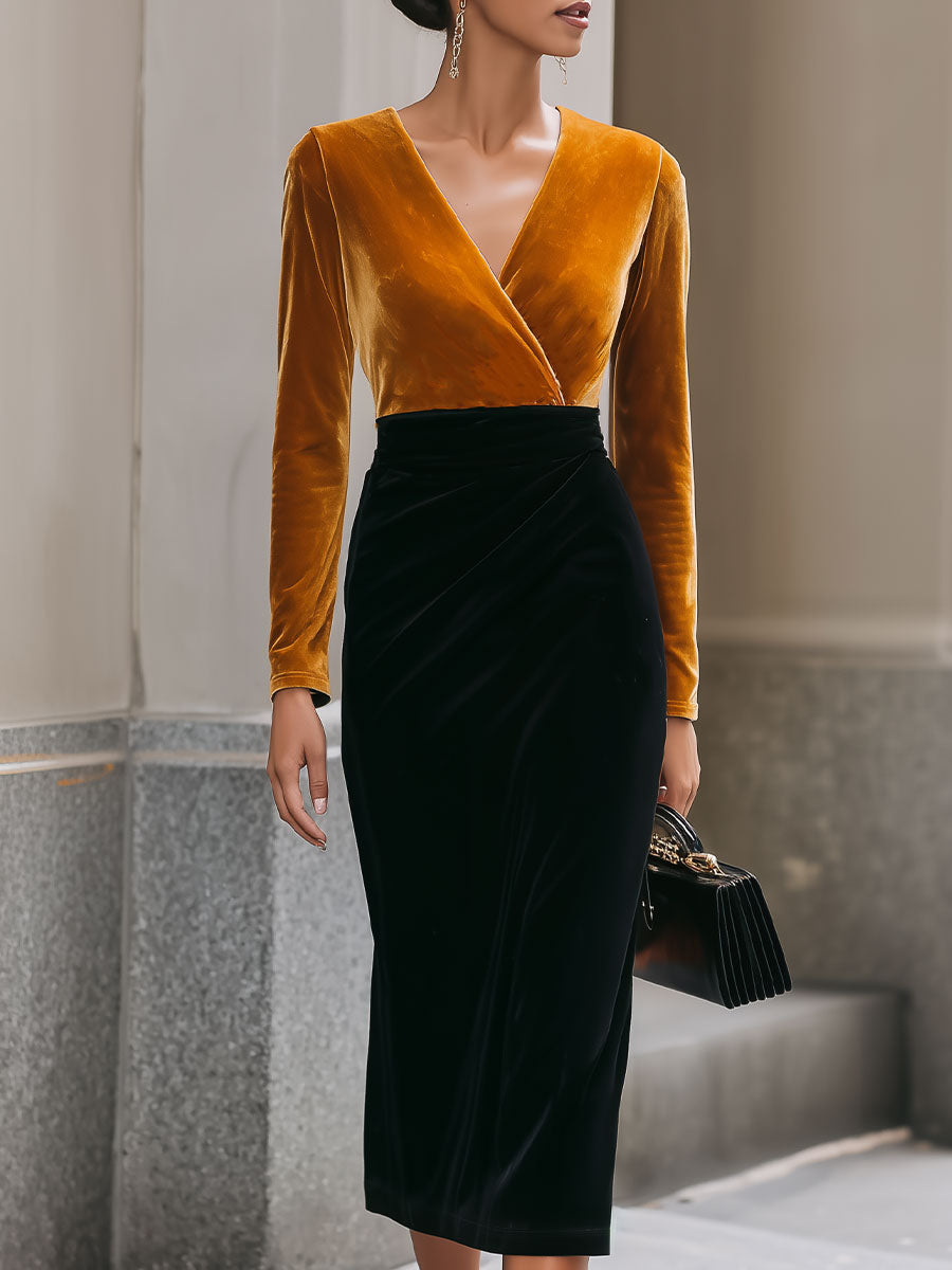 Luxurious Two-Tone Velvet Midi Dress